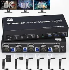 KVM Switch 3 Monitors 4 Computers 8K@60Hz 4K@144Hz, 2 HDMI +1 DisplayPort KVM...