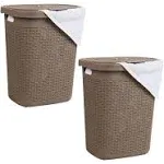 Mind Reader 50L Slim Laundry Hamper, Clothes Basket, Lid, Wicker Design, Plastic, 17.65"L x 13.75"W x 21"H, Set of 2, Tan