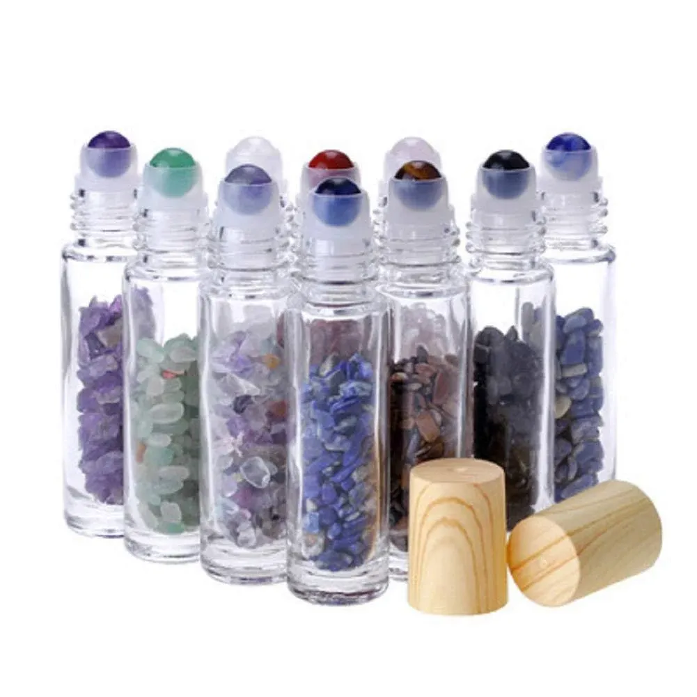 glasstore 10Pcs 10ml Natural Semi Precious Stones Essential Oil Roller Bottles