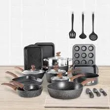 30-Piece Kitchen Black Granite Cookware and Bakeware Set, Cooking Pans Set Non-Stick Pots and Pans Set