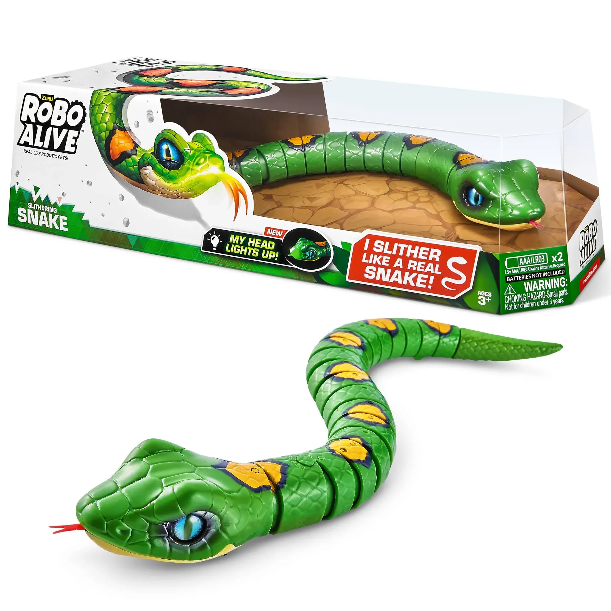 Robo Alive Slithering Snake Series 3 Green by ZURU Battery-Powered Robotic Light Up Reptile Toy That Moves (Green),7150B