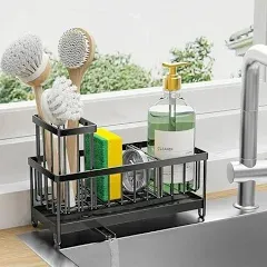 Spoge Holder for Kitchen Sink - Sink Caddy with Long Brush Holder & Divider, SUS304 Stainless Steel Kitchen Sink Organizer, Dish Soap Dispenser Kitchen Organization and Storage Accessories