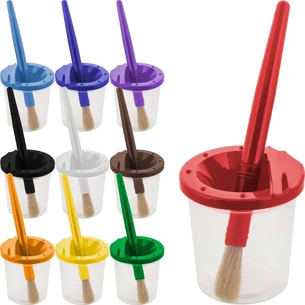 10 Piece Children's No Spill Paint Cups with Colored Lids and 10 Piece Large Round Brush Set with Plastic Handles，Toddler Anti-Spill Paint Cup and Brush Set