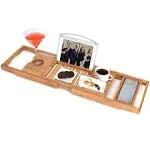 Bamboo Bathtub Caddy Tray Bath Organizer w/ Book Tablet Wine Glass Holder