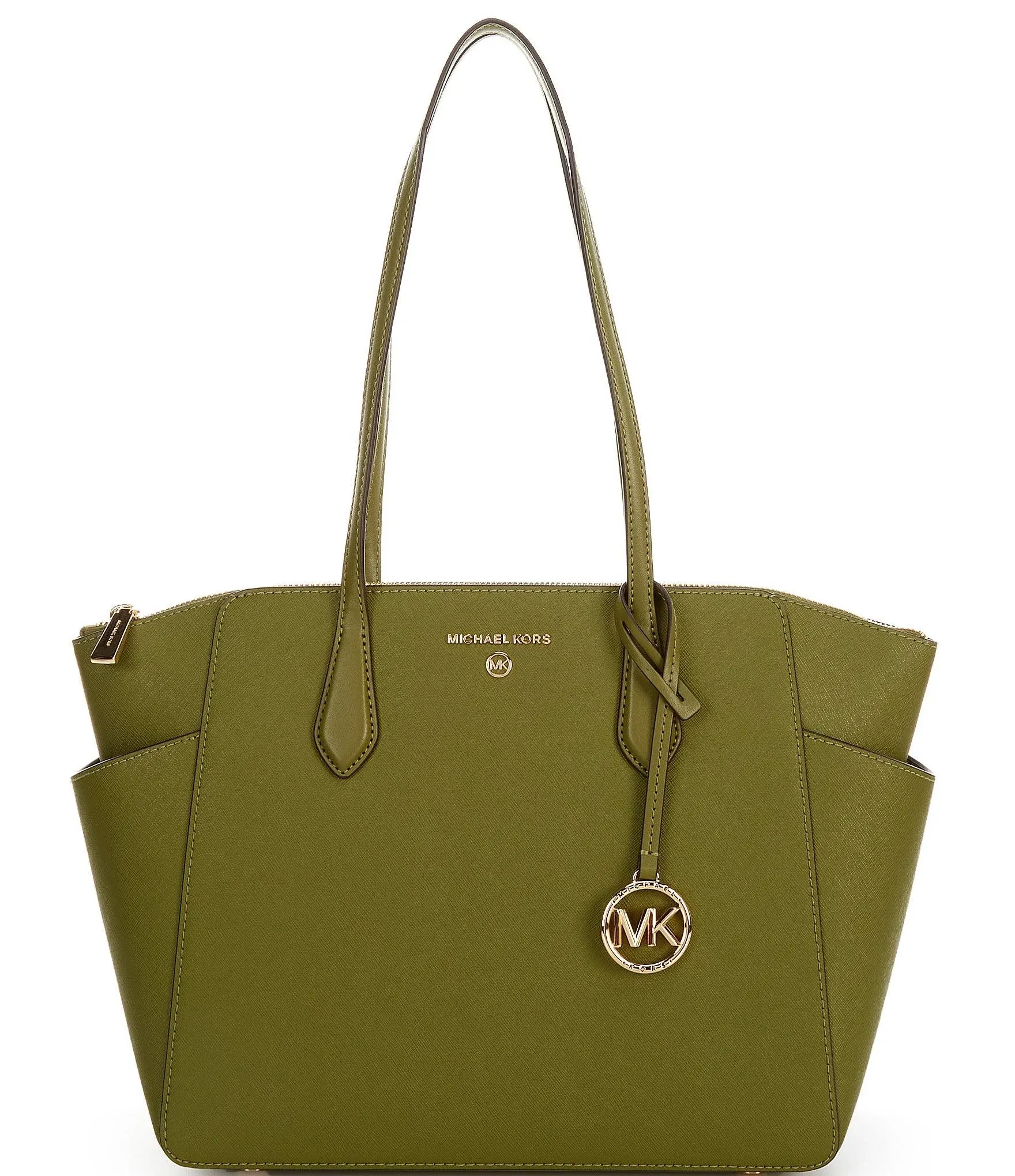 Michael Kors Marilyn Medium Saffiano Leather Top Zip Logo Charm Tote Bag - Smokey Olive