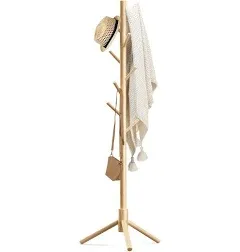 Haddockway Wooden Coat Rack Stand with 8 Hooks New Zealand Pine Adjustable Coat Standing Tree Easy Assembly for Coats, Hats, Scarves and Handbags