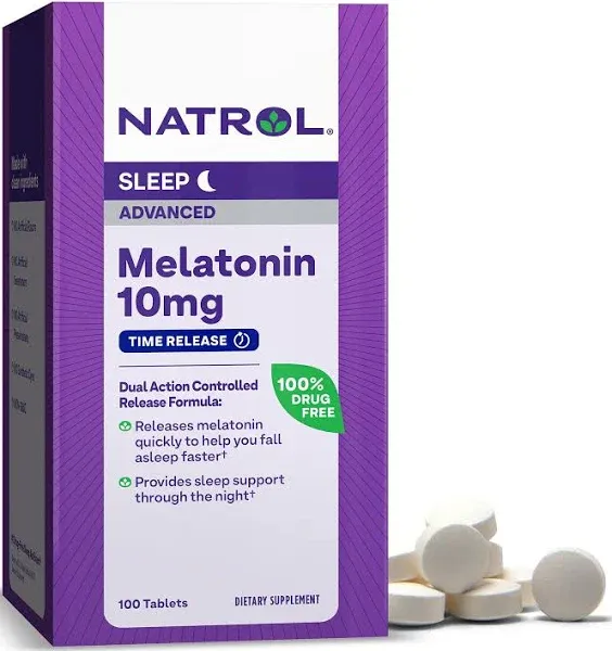 Natrol Advanced Sleep Melatonin 10mg, Dietary Supplement for Restful Sleep, Time Release Melatonin Tablets, 100 Time-Release Tablets, 100 Day Supply (Pack of 12)