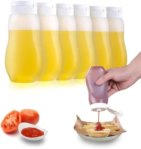 6 pack Condiment Squeeze Bottles for Sauces 12oz with Flip Top, Hot Sauce Bottles with Caps for Oil, Camping Condiment Containers BBQ Sauce, Oil Bottles