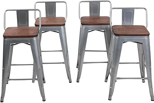 Andeworld Metal Bar Stools Set of 4 Kitchen Counter Stools Bristro Barstools Industrial Bar Stools（24inch Silver with Wooden Seats）