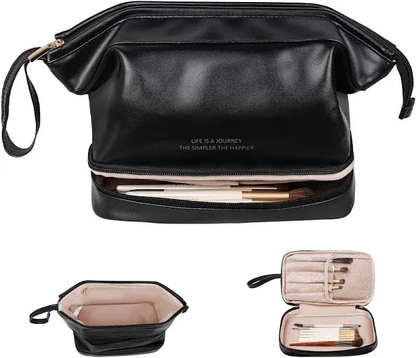 Abiudeng Large Makeup Bag,Double Layer Cosmetic Bag,Travel Makeup Bag,Leather Makeup Bag