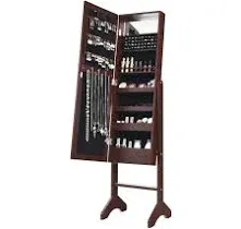 Mirrored Jewelry Cabinet Armoire Organizer Free Standing w/ 18 LED lights Brown