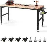 VEVOR Adjustable Workbench, 72" L X 25" W Garage Worktable with Universal Wheels, 28-39.5" Heights & 3000 LBS Load Capacity, with Power Outlets & Hardwood Top & Storage & Foot Pads, for Office Home