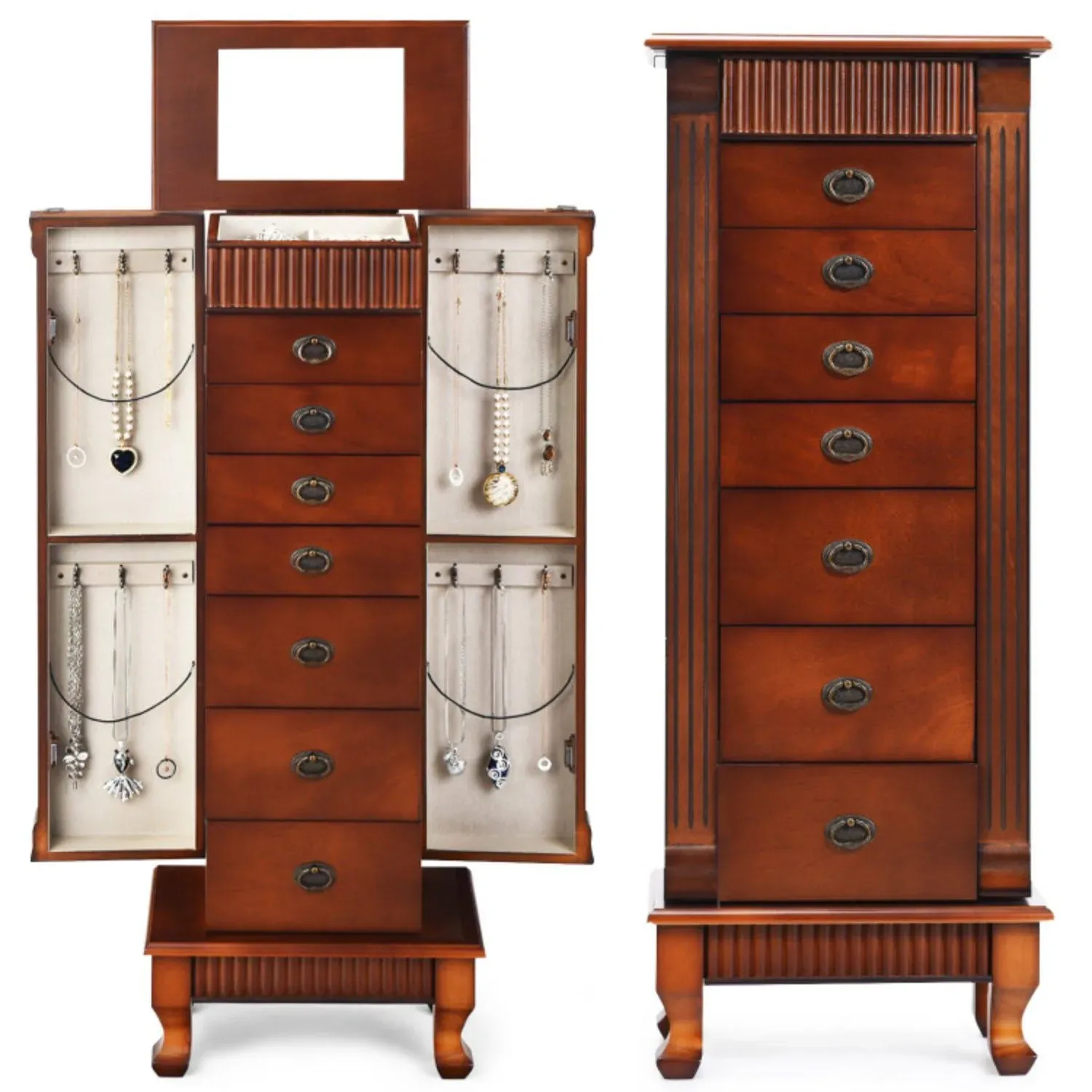 Hivvago Wooden Jewelry Armoire Cabinet Storage Chest with Drawers and Swing Doors in Brown | Mathis Home