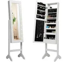 Mirrored Standing Jewelry Armoire Cabinet with LED Lights