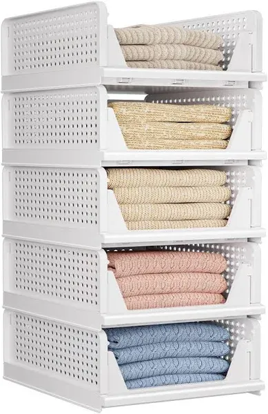 5 Pack Folding Closet Organizers Storage Box, Stackable Storage Bins, Plastic...