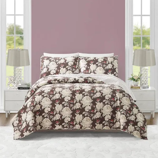 MODERN HEIRLOOM Rambling Rose Quilt with 2 Shams, Floral 3-Piece All Seasons Quilt Set, Lightweight Coverlet Bedding Set, King