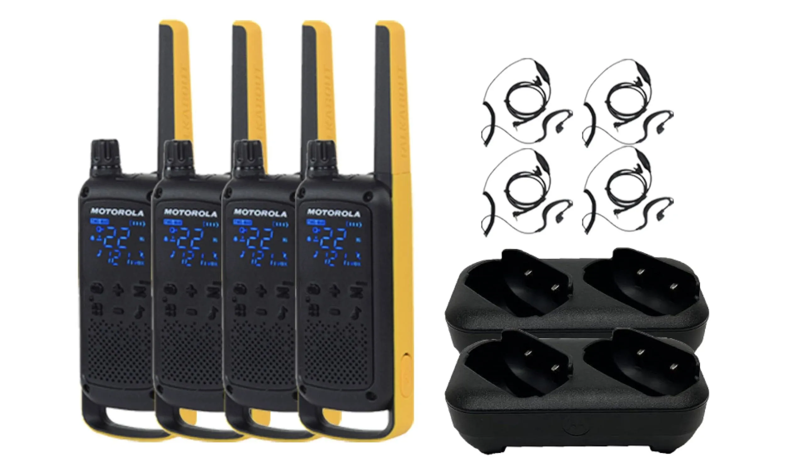 Motorola Talkabout T470 Two Way Radio 4-Pack Walkie Talkies Black/Yellow 22 Channels with PTT Earpieces Dual Chargers