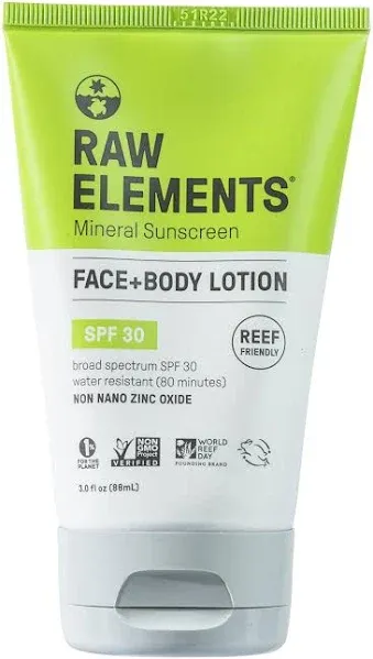 Raw Elements Face and Body Mineral Sunscreen SPF 30 Tube, Organic Sunblock Daily