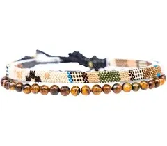 2x Boho Surfer Bracelet Set Women & Men - Handmade Summer Beach Bracelets - Adjustable & 100% Waterproof - Festival Accessories - Beaded & Braided (Tiger-Eyes & Safari)