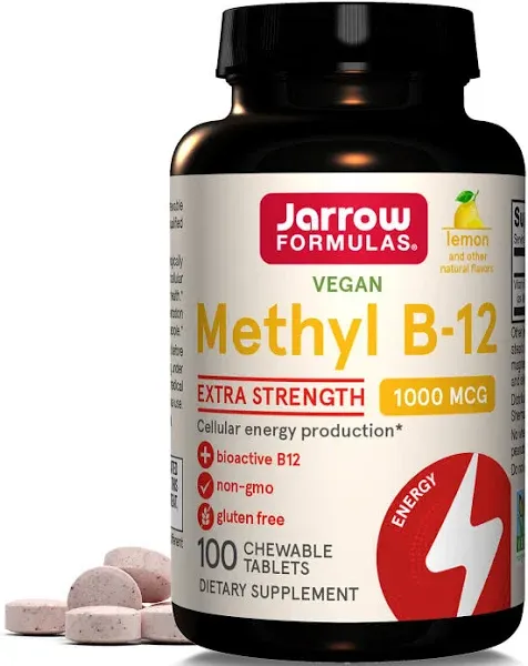 Jarrow Formulas Extra Strength Methyl B-12 1000mcg, Dietary Supplement for Cellular Energy Production and Brain Health Support, 100 Lemon-Flavored Chewable Tablets, 100 Day Supply