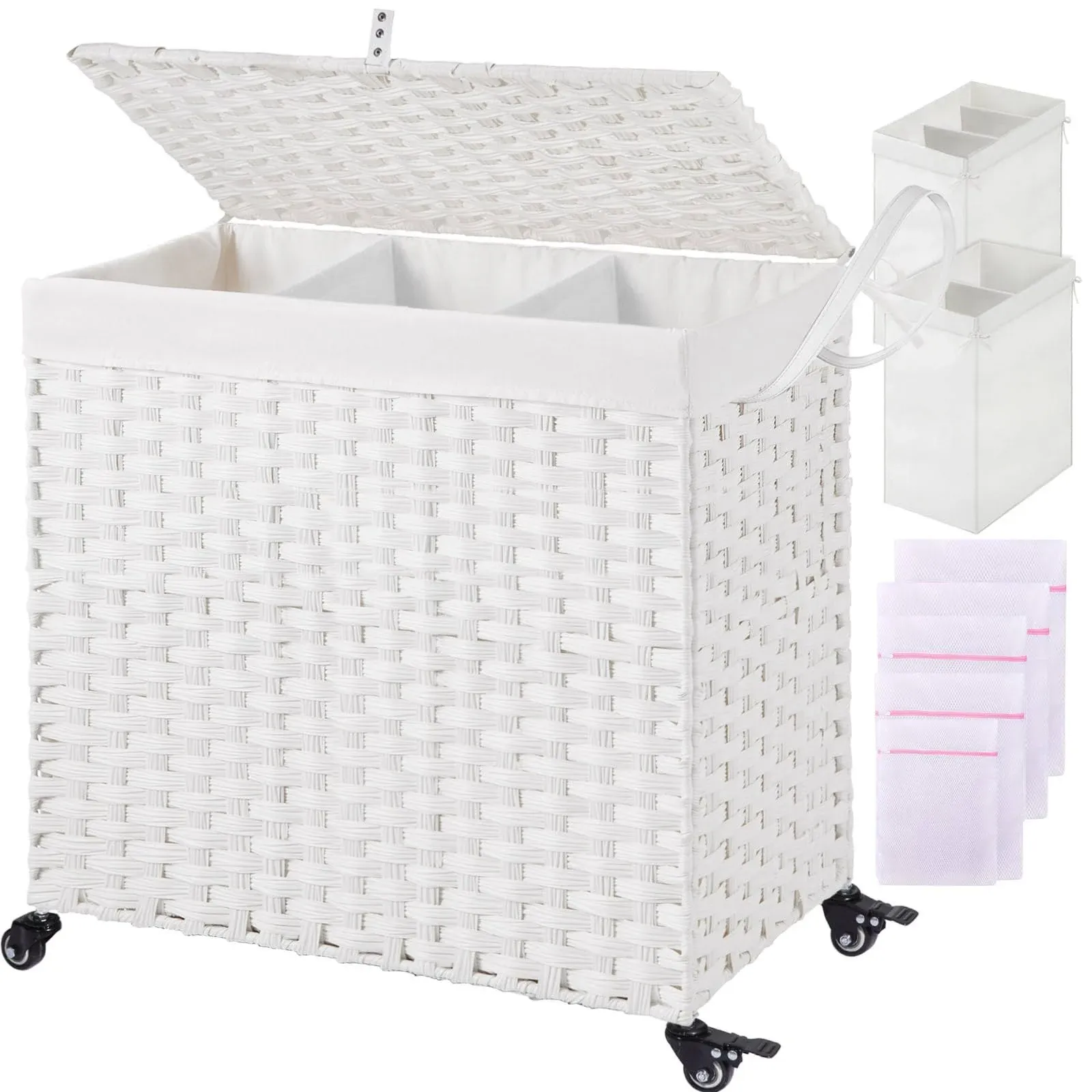 Greenstell Laundry Hamper with Wheels&amp;Lid, 125L Large 3 Sections Clothes Hamp...