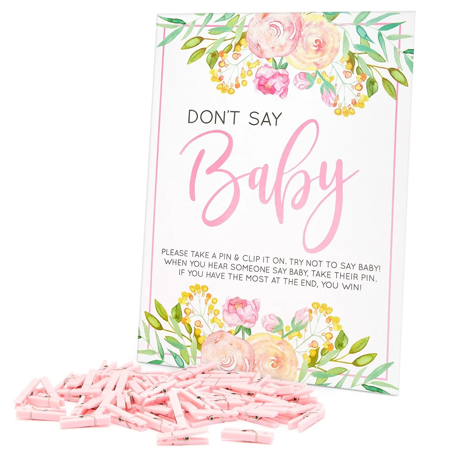 Floral Baby Shower Clothespin Game For Girl, Don't Say Baby Theme with 60 Pink Clothes Pins and 8x10-Inch Sign