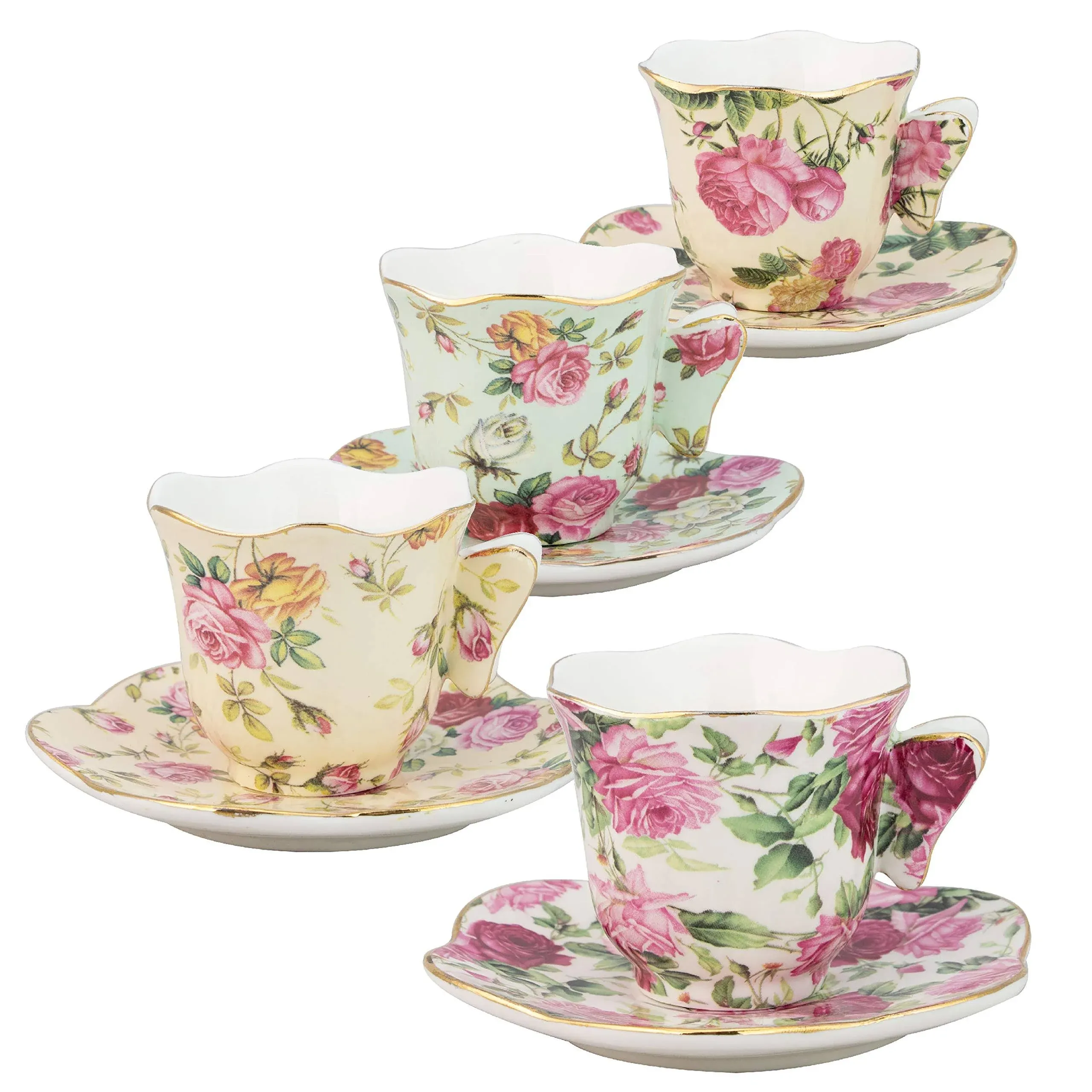 Gracie China Rose Chintz Espresso Cup and Saucer Set of 4