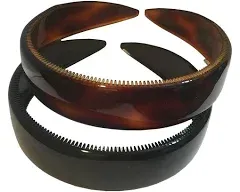 Parcelona French Wide 1 Inch Tortoise Shell Brown and Black Hair Headbands with Inner Teeth Nibs