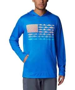 Columbia Men&#039;s Terminal Tackle PFG Fish Flag Trout Flies Graphic Hoodie - Cypress/Ocean Teal  - XL