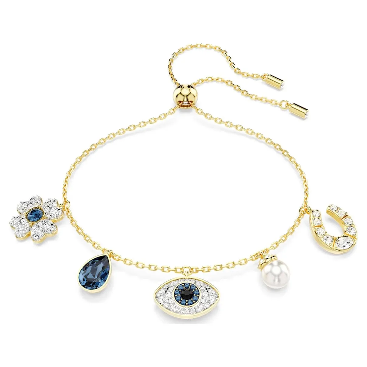 Swarovski Symbolica Bracelet, Clover, Evil Eye and Horseshoe, Blue, Gold-Tone Plated