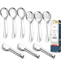 Stainless steel metal serving utensils large set of 9-10" serving spoons, 10" slotted spoons, and 9" serving tongs by teivio