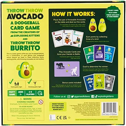 Exploding Kittens Throw Throw Avocado Card Game With Flight Suit Ages 7 New