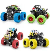 M SANMERSEN Monster Trucks for Boys, 4 Pack Push and Go Friction Powered Cars Vehicles Toys, 360° Rotating Stunt Car Boys Girls Birthday Christmas Party Gifts