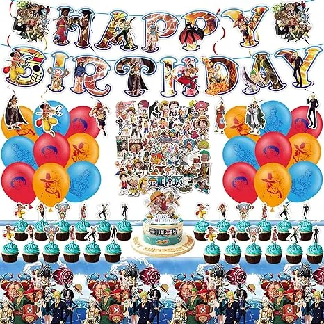 98pcs Anime Birthday Party Supplies, Party Decorations Include Stickers, Birthday Banner, Cake Toppers, Tablecloth, Latex Balloons for Kids