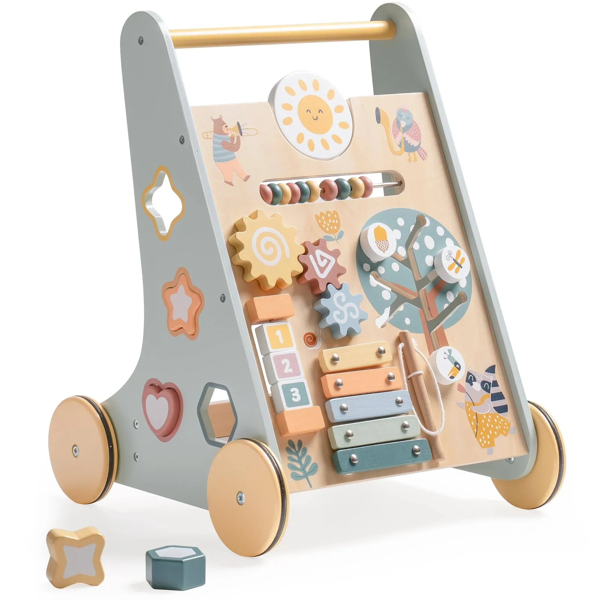 ROBUD Wooden Baby Walker with Activity Center and Storage