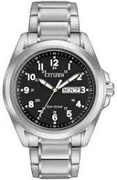 Citizen Men's Eco-Drive Weekender Garrison Field Watch in Stainless Steel, Black Dial, Arabic Markers, Luminous, 43mm (Model: AW0050-82E)