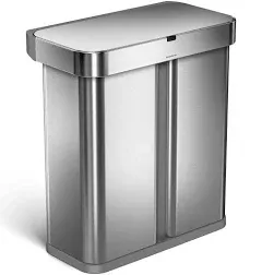 simplehuman 58L Voice and Motion Dual Compartment Rectangular Sensor Trash Can Brushed Stainless Steel