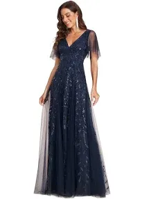 Ever-Pretty Women's Sequin Sparkly V-Neck Short Sleeve Maxi Evening Dress 00734