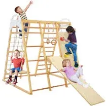 Costway 8-in-1 Indoor Wooden Jungle Gym Playset with Monkey Bars