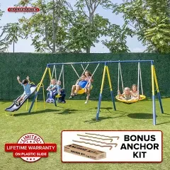 Sportspower Super Star Outdoor Kids Metal Swing Set: 2 Swings, 1 Flying Saucer, 1 Glider, 1 Wavy Slide - Exceeds ASTM Standards