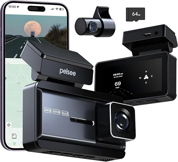 P3 4K Dash Cam Front and Rear, 64GB SD Card, 4K+1080P Dual Dash Camera for Cars with Wi-Fi, GPS, ADAS, BSD, LCA, 3’’ IPS Display Car Camera, APP & Voice Control, Night Vision, 24H Parking Mode