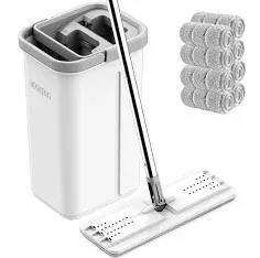 BOSHENG Mop and Bucket with Wringer Set, Hands Free Flat Floor Mop and Bucket, 3