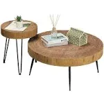 RUSTOWN Farmhouse Round Coffee Table Set of 2, Cocktail Table Set, Modern Circle Natural Wood Finsh Side and End Table Sets for Living Room