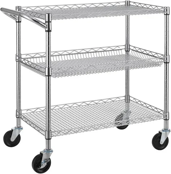 3 Tier Heavy Duty Commercial Grade Utility Cart with Wood Top, Wire Rolling Cart