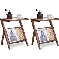 Tiita 2 Pack Rattan Side Table, Mid Century Nightstand, Bamboo Accent Bedside Tables, Glass Coffee Tables, Boho Wooden End Table with Storage for Small Space, Living Room and Bedroom