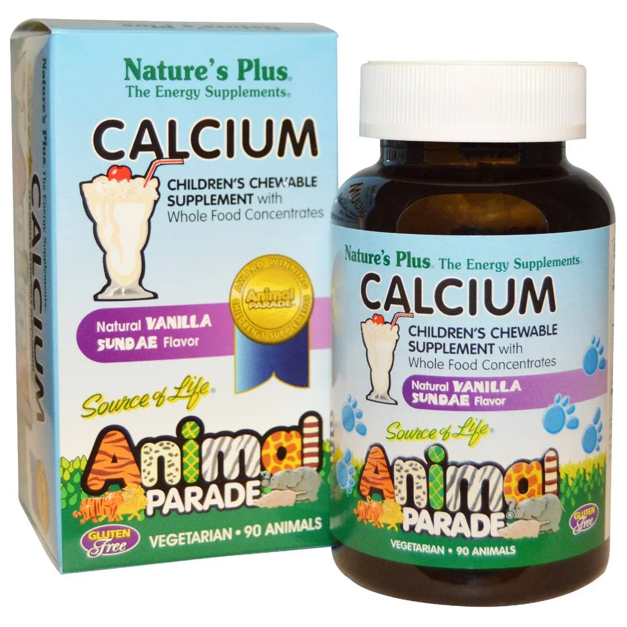 NaturesPlus, Animal Parade, Calcium, Children's Chewable Supplement, Vanilla Sundae, 90 Animal-Shaped Tablets