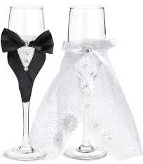 Bride and Groom Champagne Flutes, Wedding Dress Tuxedo Toasting Glasses Gift Set