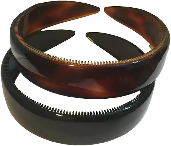 Parcelona French (Set of 2) Wide 1 Inch Tortoise Shell Brown and Black Hair Headbands with Inner Teeth Nibs