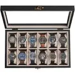 SONGMICS Wood Watch Box with Glass Lid Ebony Black / 12 Slot