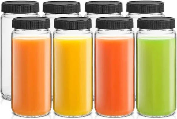 16 oz Reusable Glass Bottles with Caps. Set of 8 Juicing Bottles With Lids an...